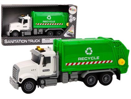 Auto della spazzatura con cestini, luci e suoni, bianco e verde