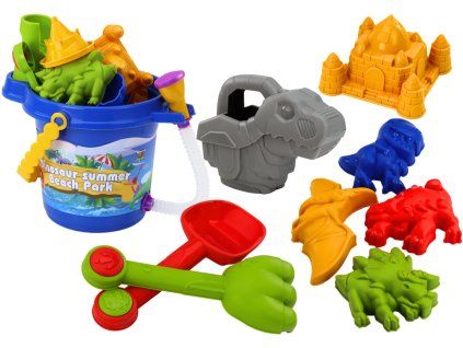 Set da spiaggia secchiello con doccia pala rastrello formine dinosauri