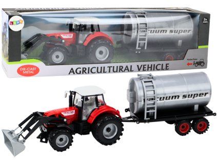 Trattore agricolo con escavatore e cisterna rosso con motore