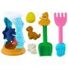 Set di giocattoli da spiaggia: mulino, paletta, rastrello, formine dinosauri