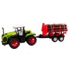 Zelený farmářský traktor s přívěsem na dřevo 9 kmenů