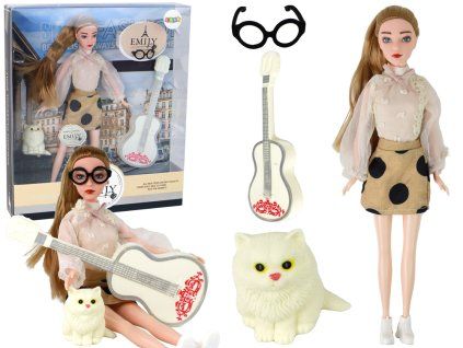Lėlė Emily su gitara, akiniais ir kačiuku