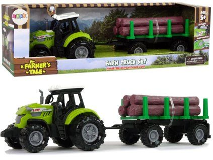 Traktor s přívěsem se dřevem zelený