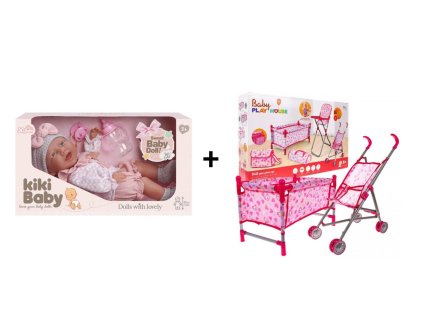 Zestaw Lalka 40 cm z butelką, smoczkiem + 5w1 Wózek dla lalek Łóżeczko Krzesełko Torebka