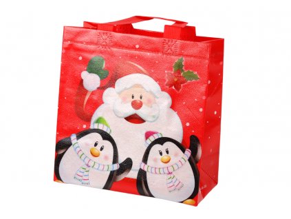 Geanta cadou Mos Craciun si pinguini rosu 22cm x 22cm x 11cm