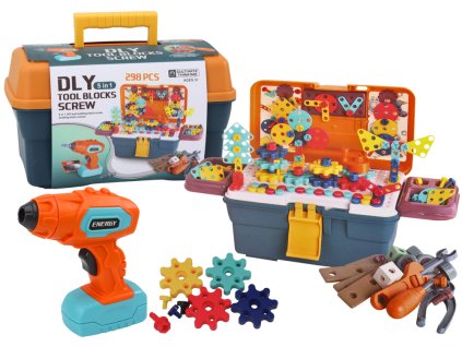 Puzzle de construcție 3D într-o cutie de bricolaj cu un burghiu