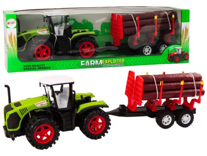 212059 zeleny farmarsky traktor s privesem na drevo 9 kmenu