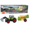 213016 zeleny zemedelsky traktor s bagrem a postrikovacem