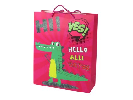 Papirnata darilna vrečka z motivom aligatorja 41,5cm x 30cm x 12cm roza