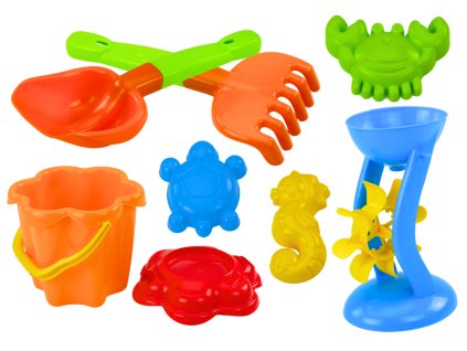 Barvni set za pesek vedro mlinček sito modelčki 9 delov