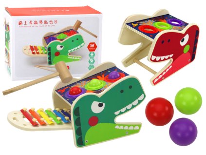 Leseni rdeči dinosaur s kladivcem in ksilofonom 2v1