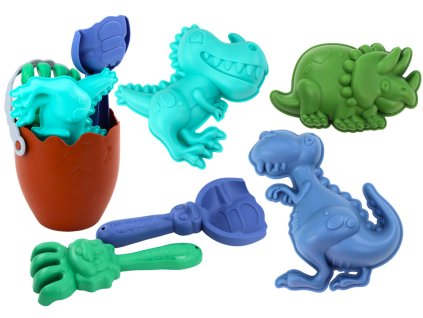 Peščeni set Dinozavri - vedro, jajce, grablje, lopatka in modelčki