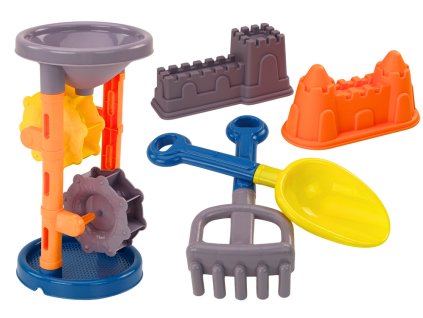 Set za pesek mlinček lopatka grablje modelčki oranžna