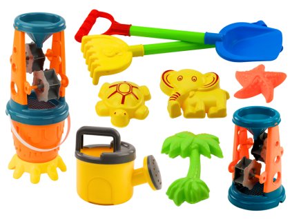 Set za pesek mlinček, lopatka, grabljice, kanglica, modelčki, vedro 10 delov.