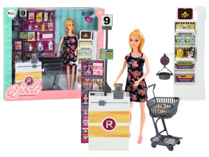 Komplet Lutka v supermarketu s regali, nakupovalnim vozičkom in živili