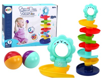 Spiralni barvni stolp s toboganom za kroglice