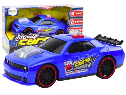 Dirkalni avto z odprtim motorjem, lučmi in zvoki modra