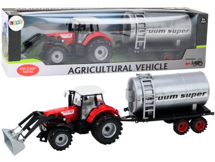 Kmetijski traktor z bagrom in cisterno rdeči s pogonom