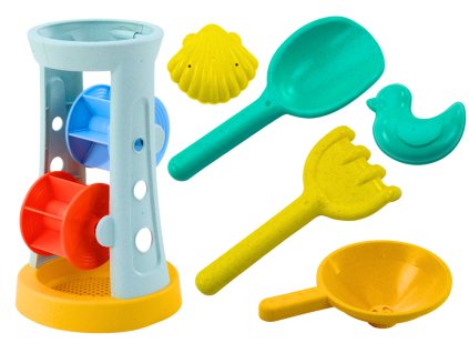 Komplet igrač na pesek - mlinček, grablje, lopatka in modelčki