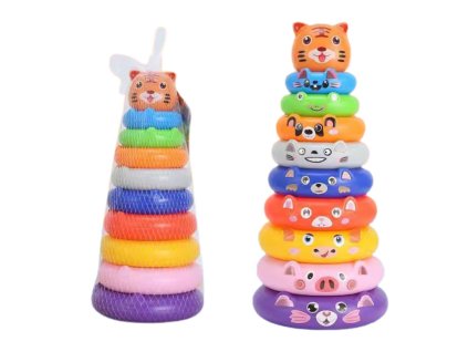 Barvna piramida obročev z nalepkami živali tigra