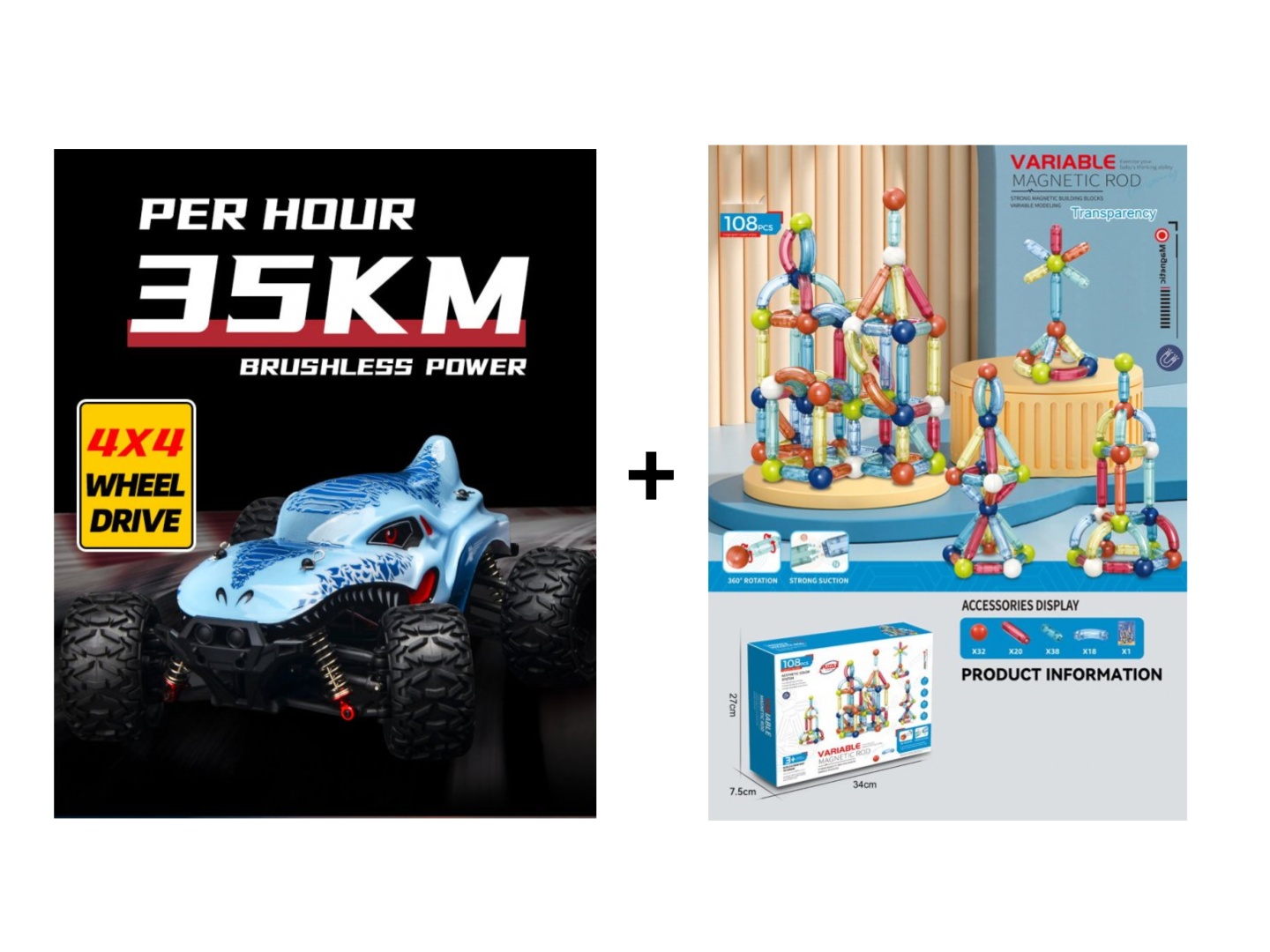 Ugoden komplet RC Monster Truck 1:16 Max 35 km/h 4x4 + Magnetni komplet Variable 108 delov