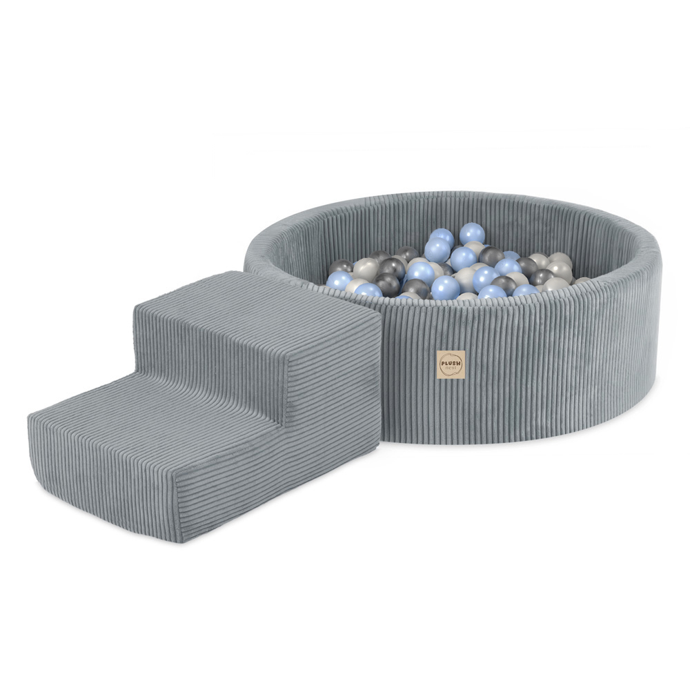 PLUSH NEST Suhi bazen okrogel Ø 90 × 30 cm z igralnim elementom (stopnice) in 200 žogicami siv