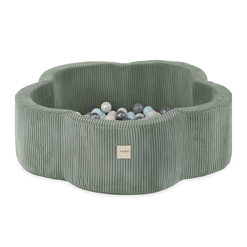 PLUSH NEST Suhi bazen Cvetlična cona premium žamet zelen 95 × 30 cm z 200 žogicami
