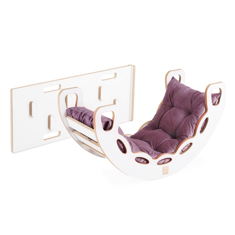 PLUSH NEST Lesena gugalnica Mini 4v1 s plezalno steno, toboganom in blazino