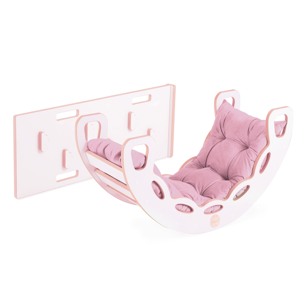 PLUSH NEST Lesena gugalnica Mini 4v1 s toboganom, plezalno steno in blazino (roza žamet, bela)