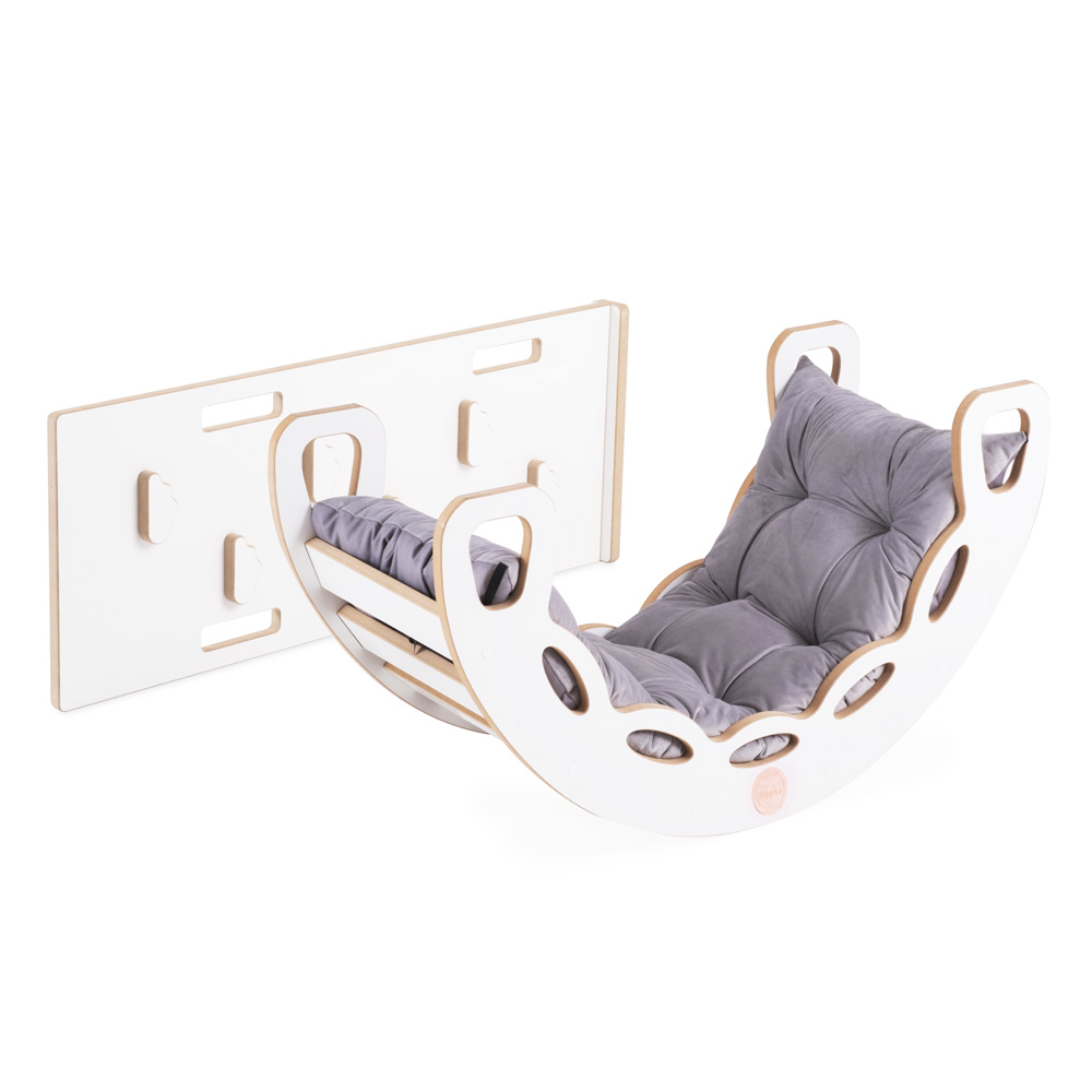 PLUSH NEST Lesena gugalnica Mini 4v1 s plezalno steno in toboganom + blazina (žametno siva), bela lesena konstrukcija