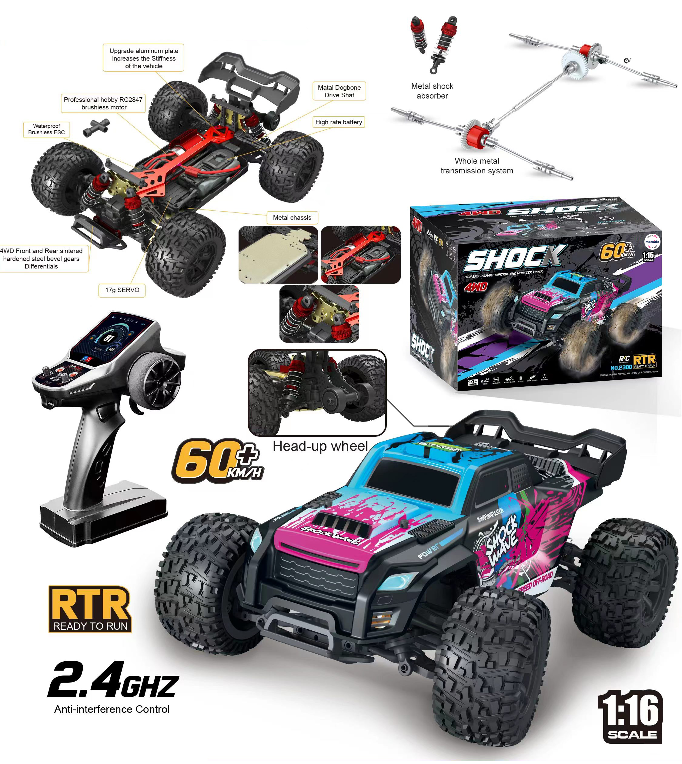 Avto na daljinsko upravljanje 60 km/h RC Monster Truck 1:16 4WD Brushless 2.4GHz modro