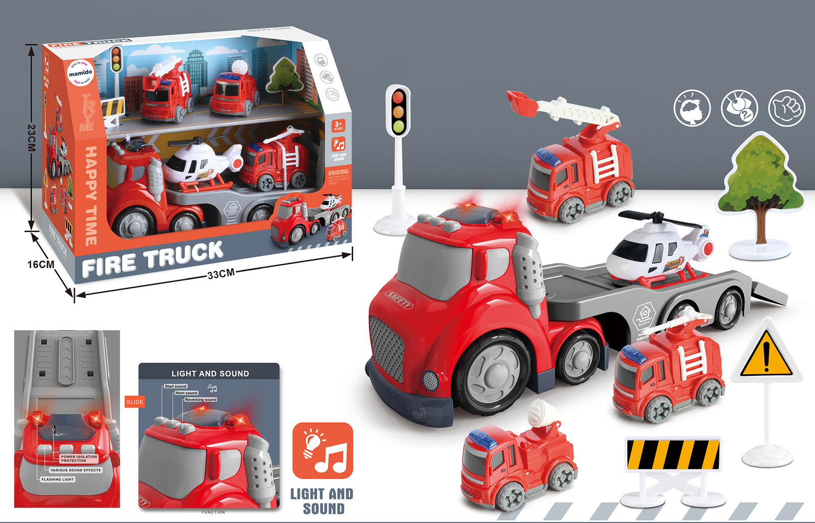 Gasilni avto s prikolico za najmlajše s svetlobnimi in zvočnimi efekti Fire Truck Transport
