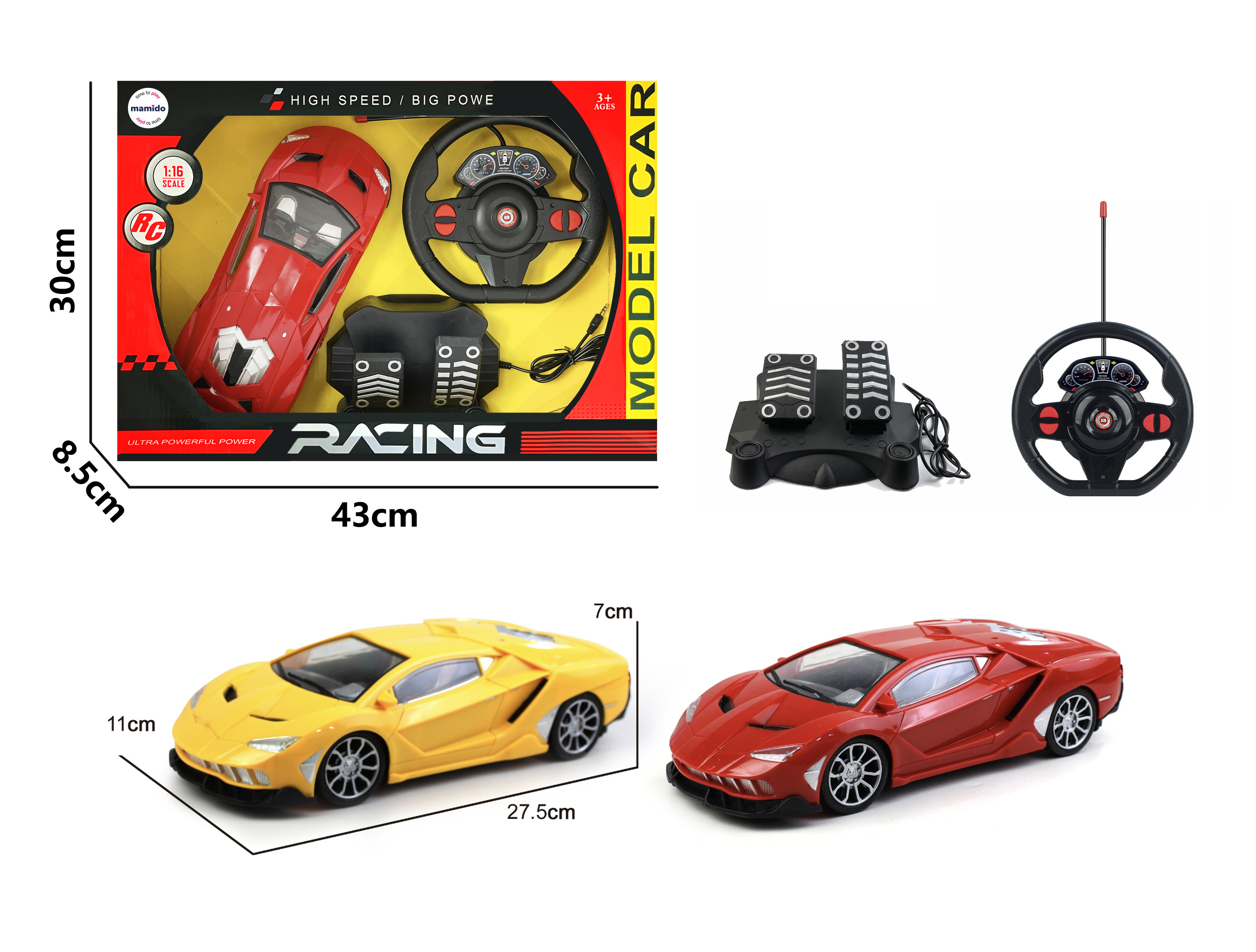 Daljinsko voden avtomobil 1:16 dirkalni model z volanom in pedali rdeč