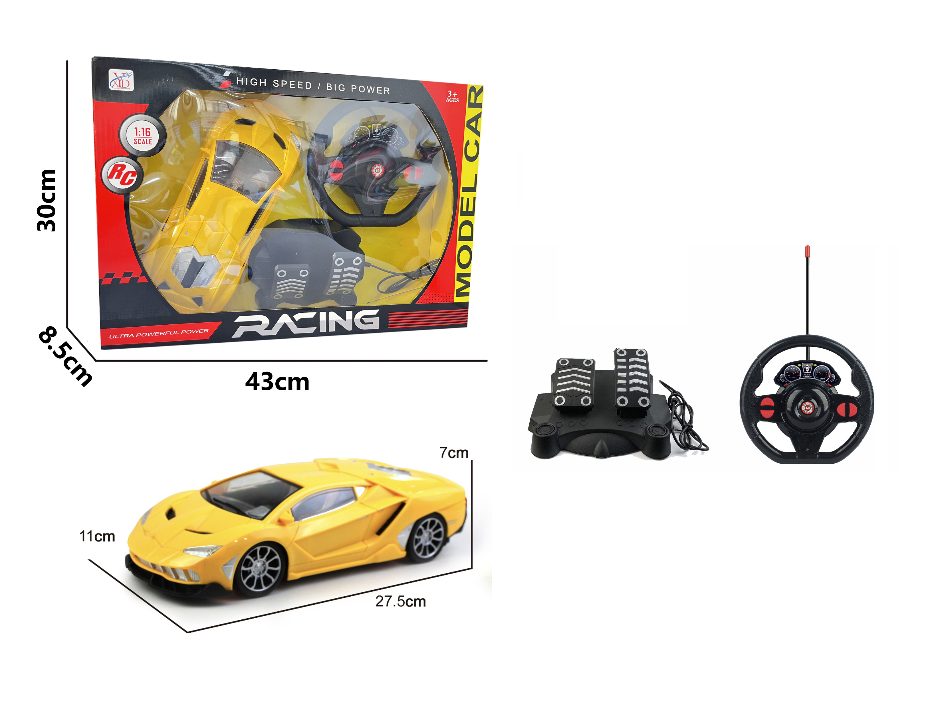 Daljinsko voden avtomobil 1:16 dirkalni model z volanom in pedali rumene barve