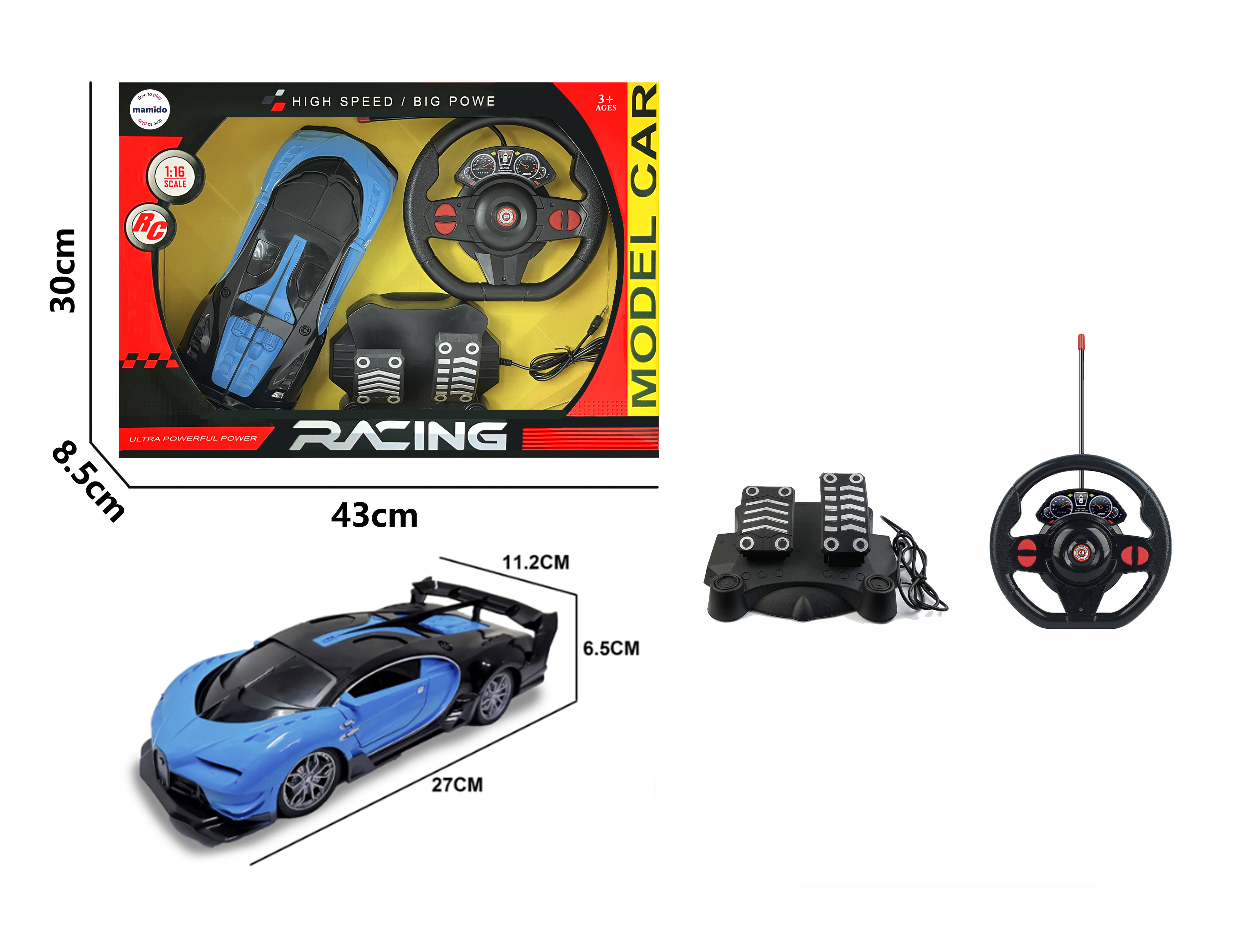 Športni avto na daljinsko upravljanje z volanom in pedali GT 1:16 modri