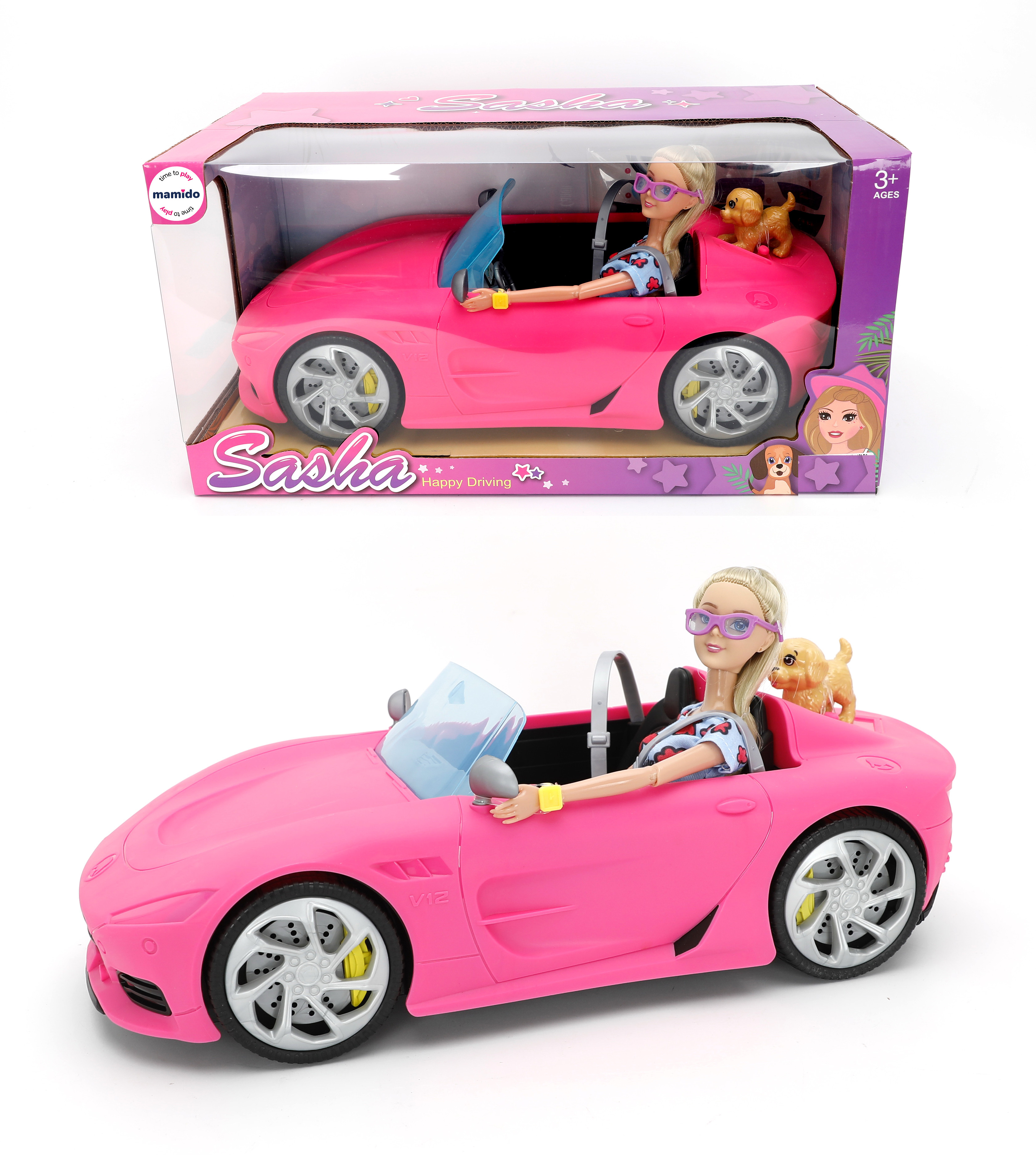 Punčka Sasha 29 cm, Avtomobilček Cabriolet roza MT1612