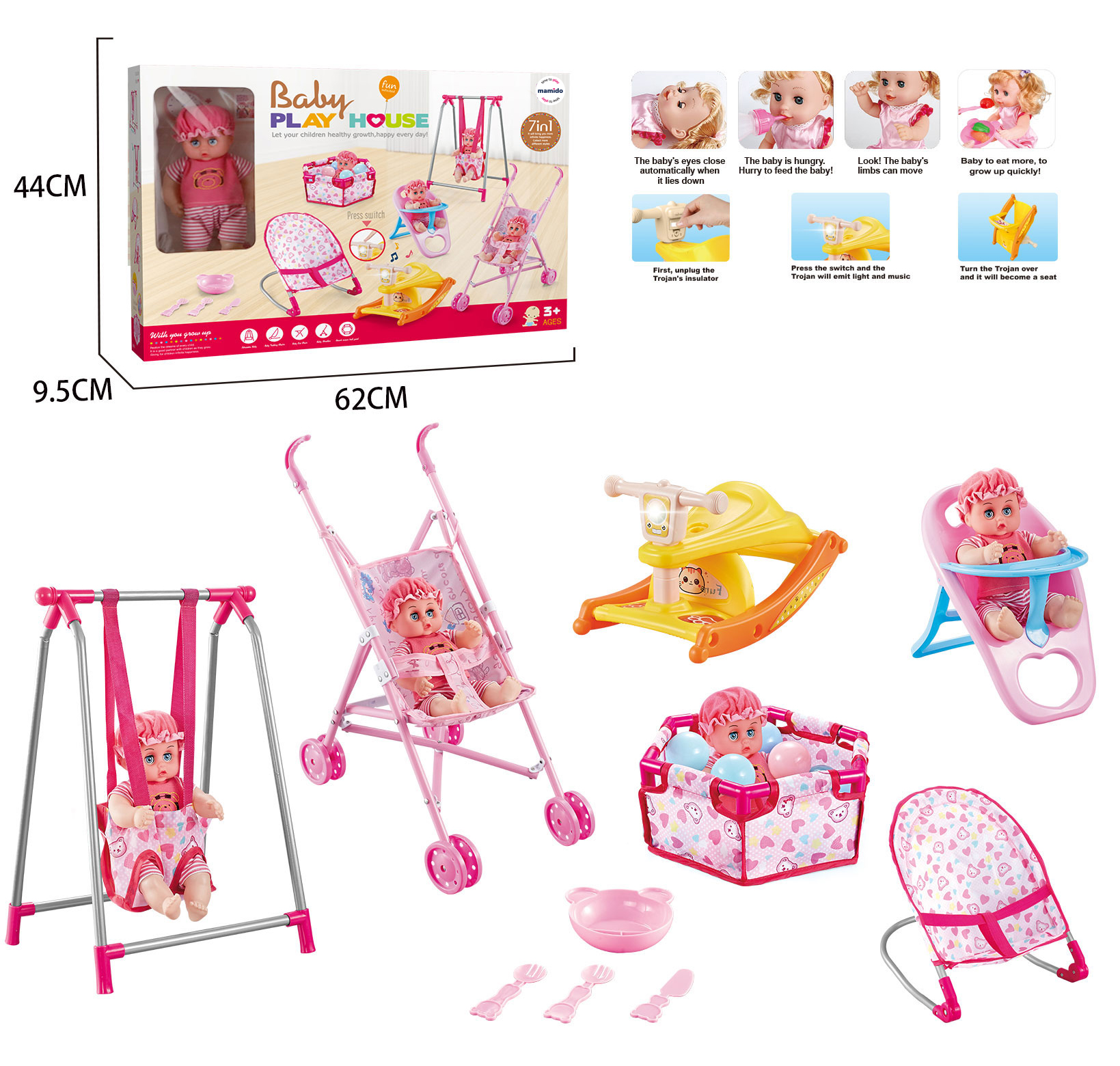 Komplet za punčke 7v1 punčka, gugalnica, voziček in posteljica
