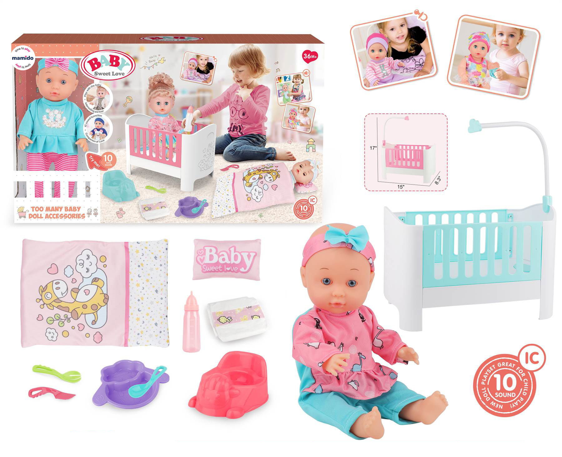 Punčka dojenček s posteljico in dodatki Baby Sweet Love MT1597