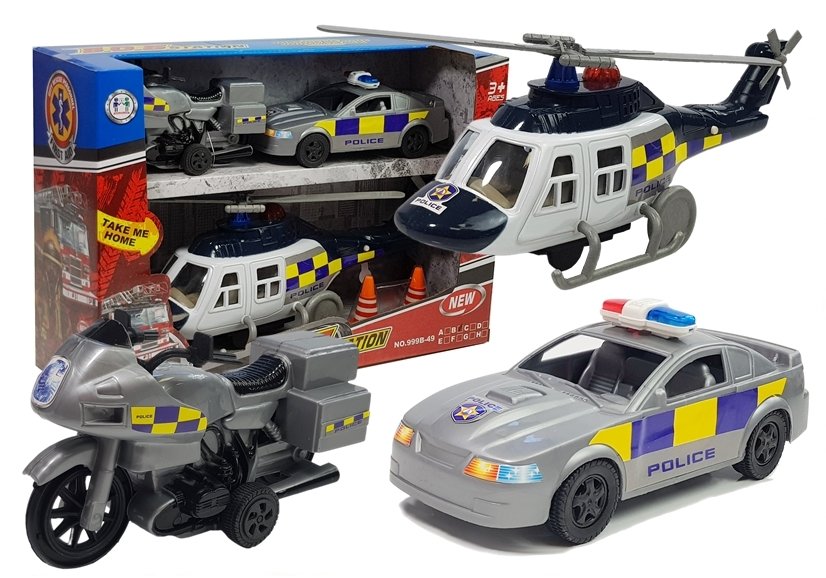 Komplet policijskih vozil - helikopter, avto, motor.