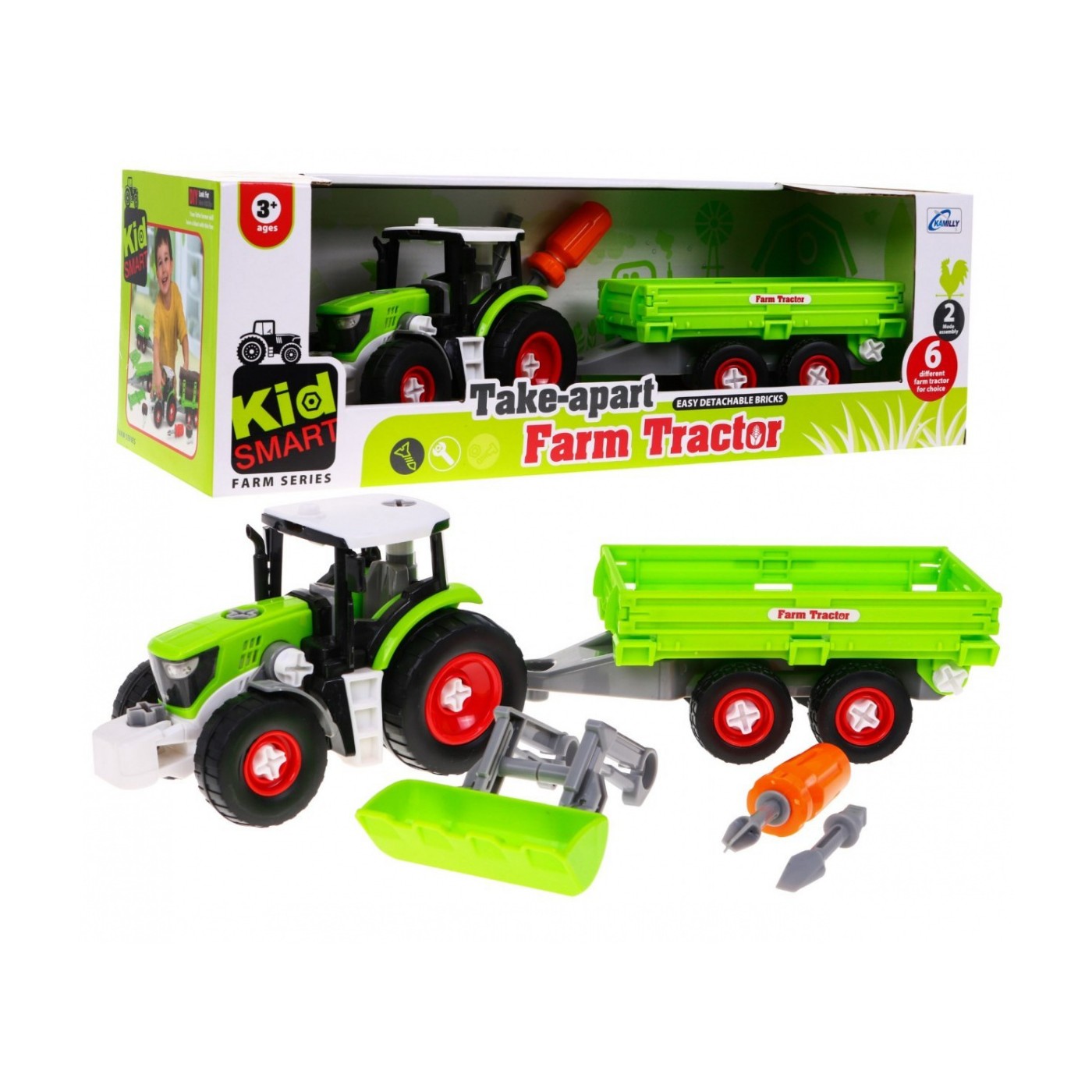 Gradbeni traktor s prikolico zelen