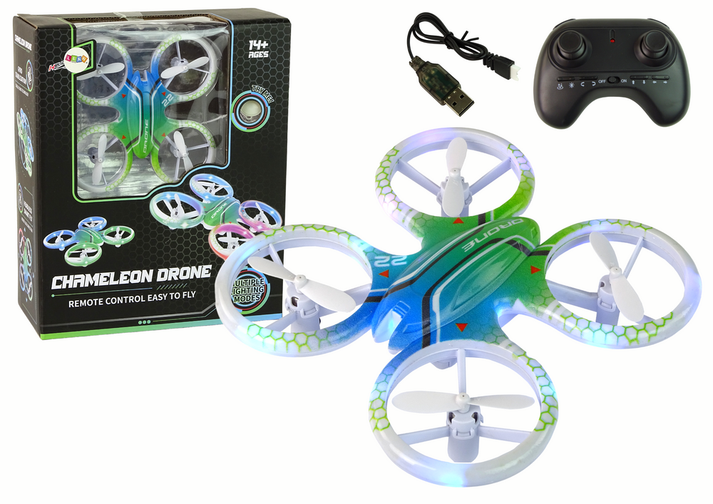 Dron z barvnimi lučmi