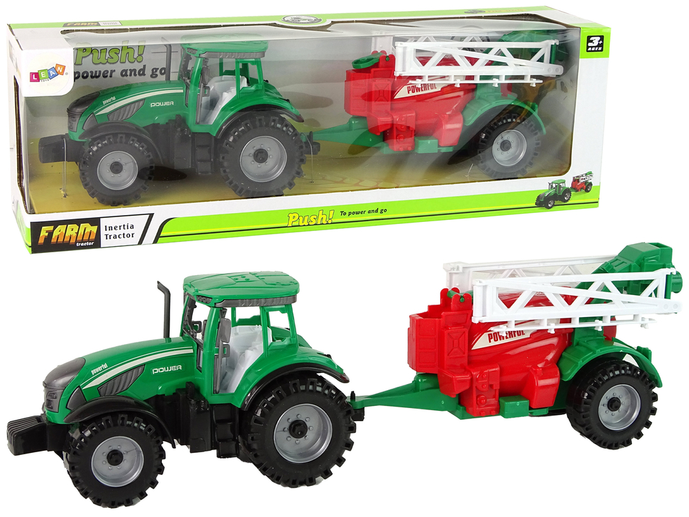 Traktor s škropilnico trenje pogon zelen.
