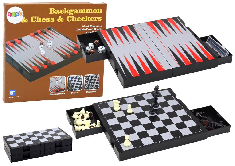 Komplet 3v1 Magnetna tabla Šah Dama Backgammon