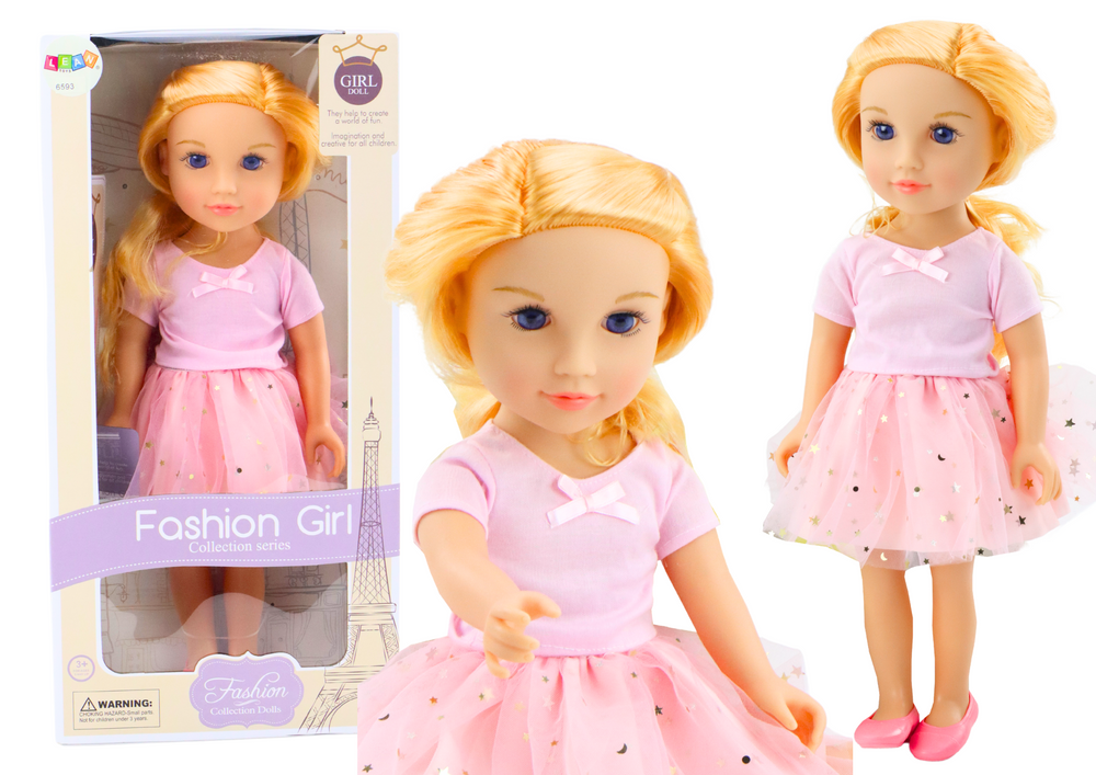 Lutka v rožnati obleki s tilom in blond lasmi 18"