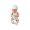 Lutka dojenček v belo-modrem oblačilcu s kapico, dudo, slinčkom in odejico