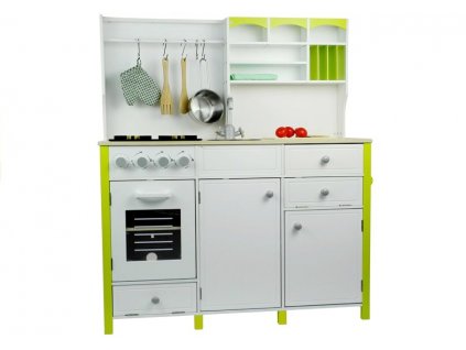 Detská drevená kuchynka s rúrou a príslušenstvom zeleno-biela