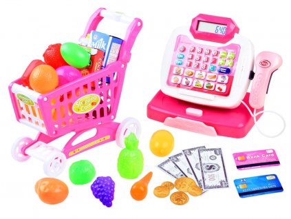 Dětská pokladna a nákupní vozík růžový01