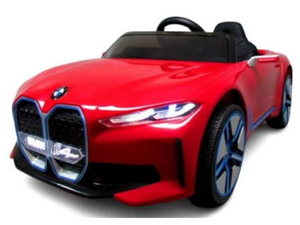 Elektrické autíčko Audi BMW i4 v ohnivo červenej farbe s EVA kolesami a koženým sedadlom, s diaľkovým ovládaním