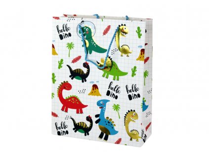 Papierová Darčeková Taška Biela V Kocke s Dinosaury 32 cm x 26 cm x 10 cm