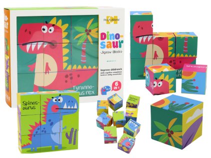 Edukačné puzzle 6v1 skladačka kocky 6 obrázkov dinosaury 9 dielov